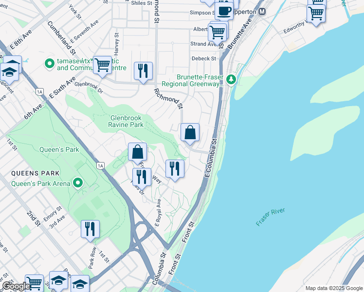 map of restaurants, bars, coffee shops, grocery stores, and more near 52 Richmond Street in New Westminster