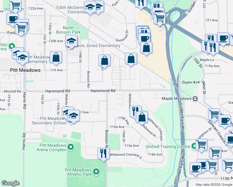 map of restaurants, bars, coffee shops, grocery stores, and more near 19696 Hammond Road in Pitt Meadows