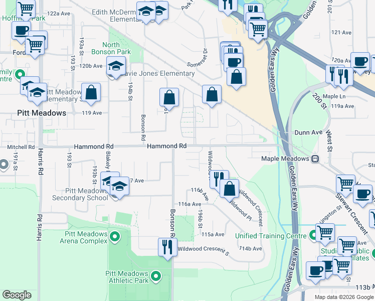 map of restaurants, bars, coffee shops, grocery stores, and more near 11770 Bonson Road in Pitt Meadows