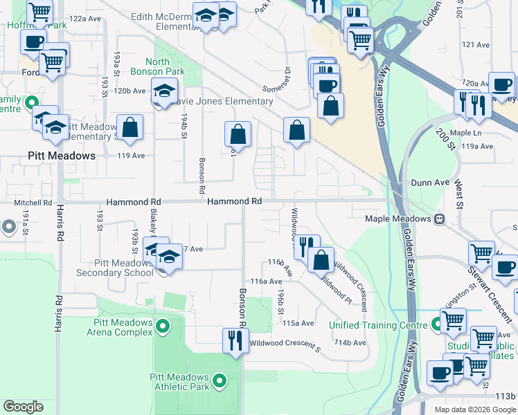 map of restaurants, bars, coffee shops, grocery stores, and more near 11770 Bonson Road in Pitt Meadows