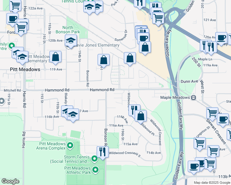 map of restaurants, bars, coffee shops, grocery stores, and more near 19696 Hammond Road in Pitt Meadows