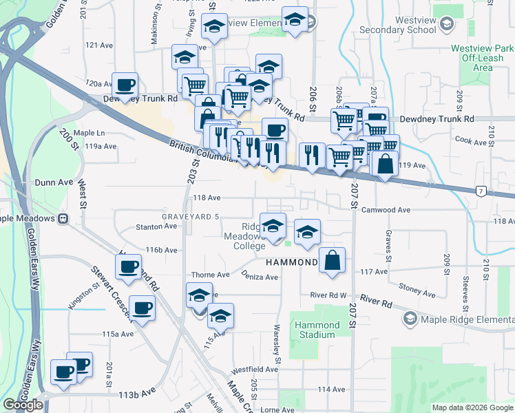 map of restaurants, bars, coffee shops, grocery stores, and more near 20492 Walnut Crescent in Maple Ridge