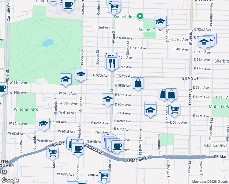 map of restaurants, bars, coffee shops, grocery stores, and more near in Vancouver