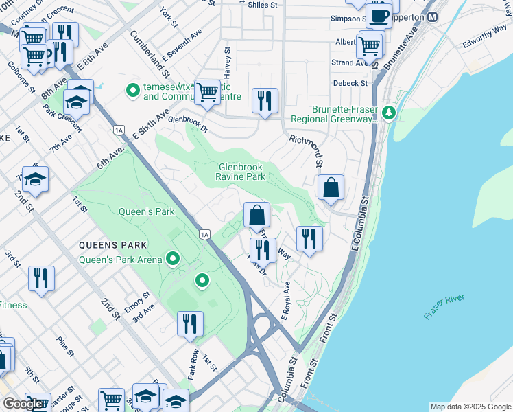 map of restaurants, bars, coffee shops, grocery stores, and more near 295 Francis Way in New Westminster