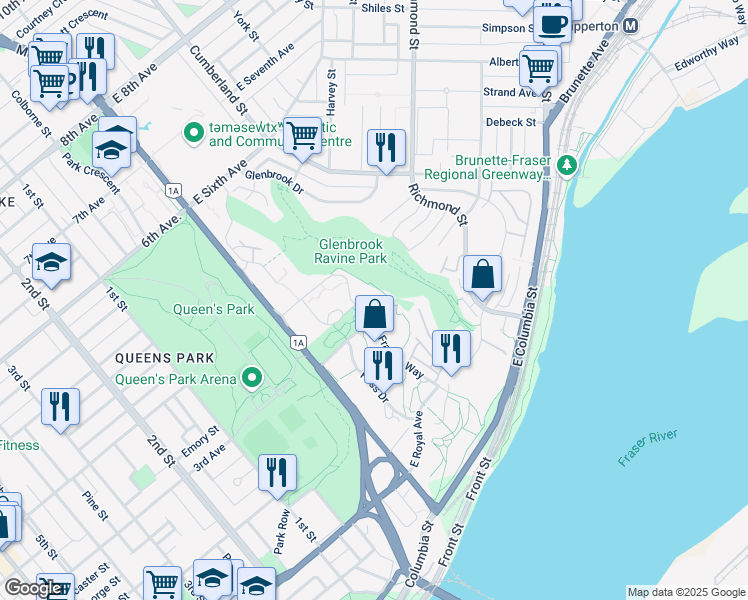 map of restaurants, bars, coffee shops, grocery stores, and more near in New Westminster