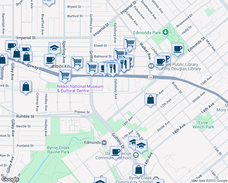 map of restaurants, bars, coffee shops, grocery stores, and more near in Burnaby