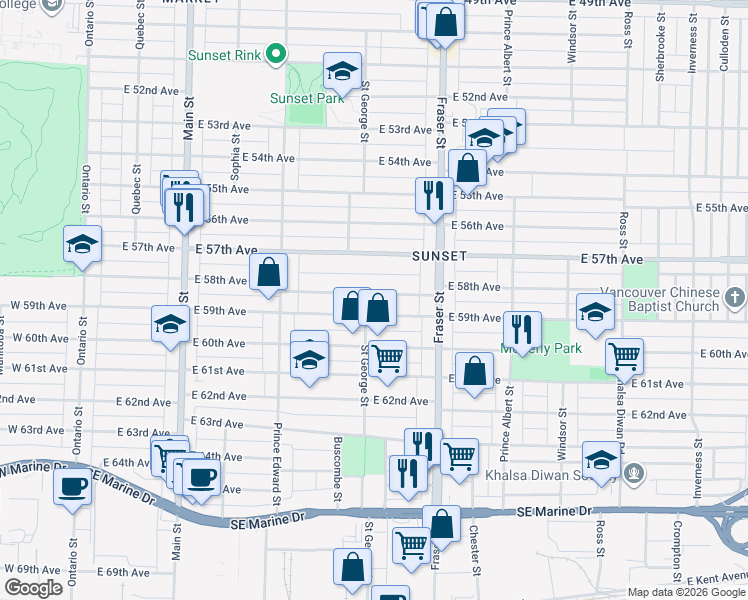 map of restaurants, bars, coffee shops, grocery stores, and more near in Vancouver