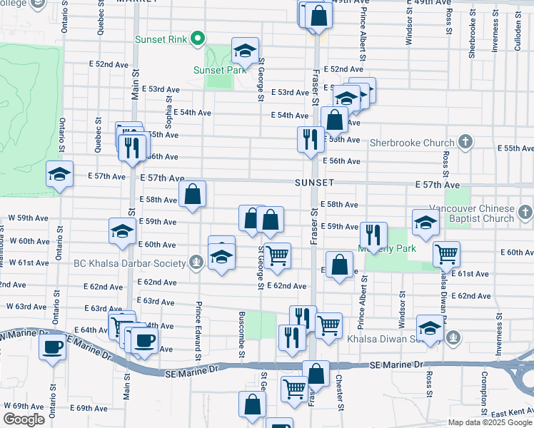 map of restaurants, bars, coffee shops, grocery stores, and more near 552 East 58th Avenue in Vancouver