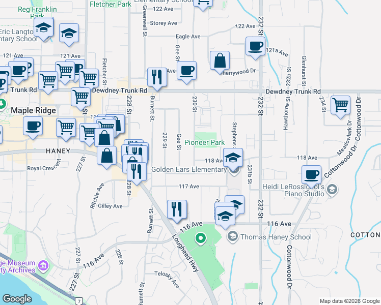 map of restaurants, bars, coffee shops, grocery stores, and more near 11809 230 Street in Maple Ridge