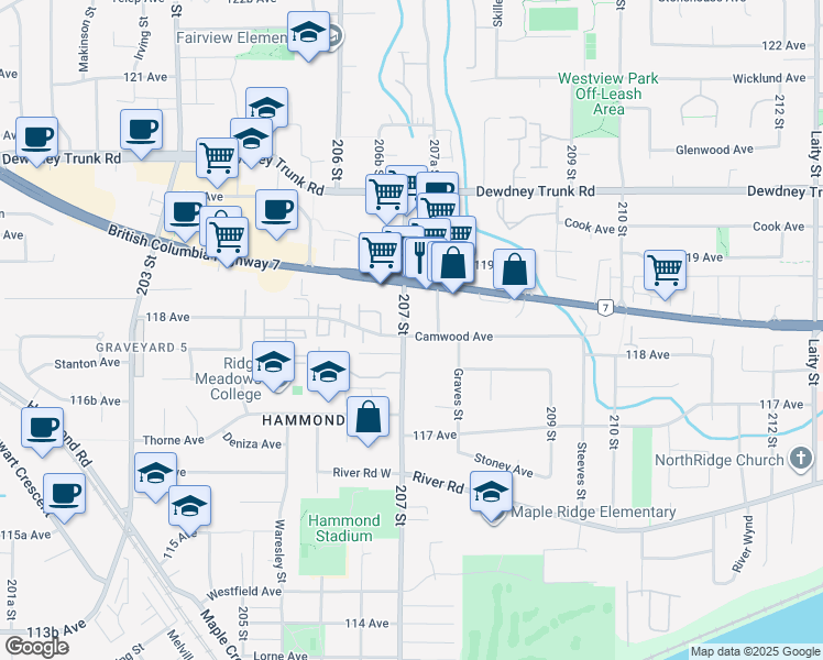 map of restaurants, bars, coffee shops, grocery stores, and more near 11810 207 Street in Maple Ridge