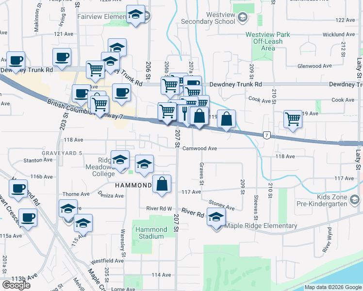 map of restaurants, bars, coffee shops, grocery stores, and more near in Maple Ridge