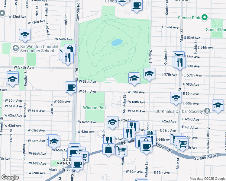 map of restaurants, bars, coffee shops, grocery stores, and more near 303 West 59th Avenue in Vancouver