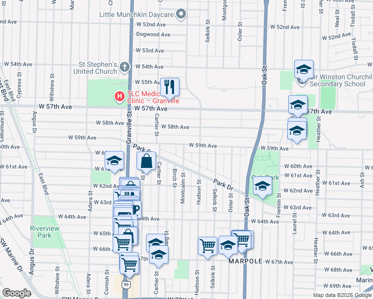 map of restaurants, bars, coffee shops, grocery stores, and more near 7520 Montcalm Street in Vancouver