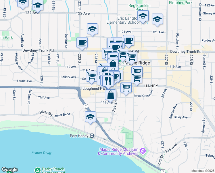 map of restaurants, bars, coffee shops, grocery stores, and more near in Maple Ridge