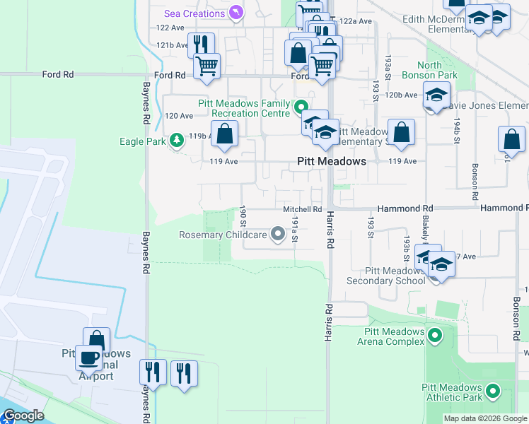 map of restaurants, bars, coffee shops, grocery stores, and more near 19050 Mitchell Road in Pitt Meadows