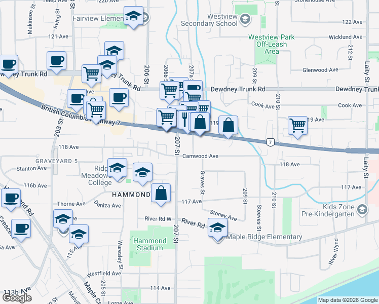 map of restaurants, bars, coffee shops, grocery stores, and more near in Maple Ridge