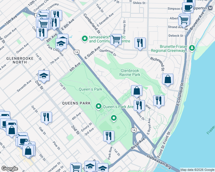 map of restaurants, bars, coffee shops, grocery stores, and more near 340 Ginger Drive in New Westminster