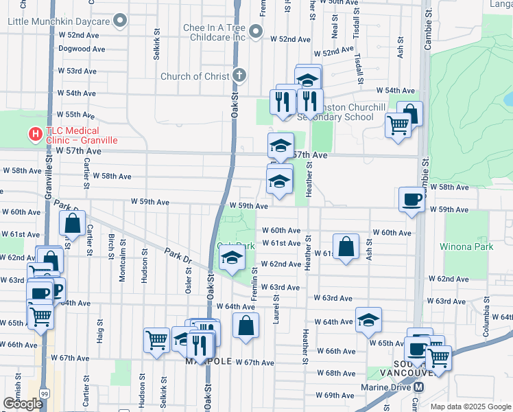 map of restaurants, bars, coffee shops, grocery stores, and more near Fremlin Street in Vancouver