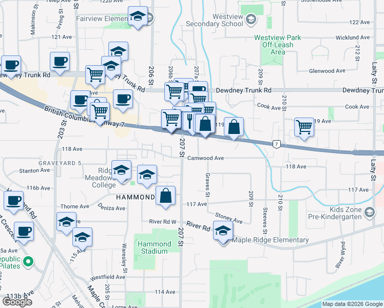 map of restaurants, bars, coffee shops, grocery stores, and more near in Maple Ridge