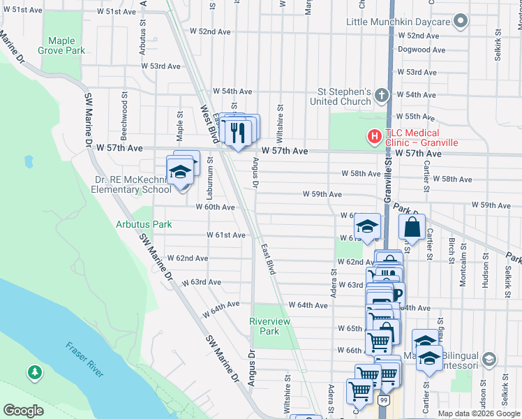 map of restaurants, bars, coffee shops, grocery stores, and more near 7586 Angus Drive in Vancouver