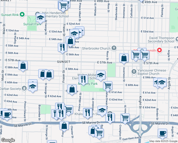 map of restaurants, bars, coffee shops, grocery stores, and more near 926 East 58th Avenue in Vancouver