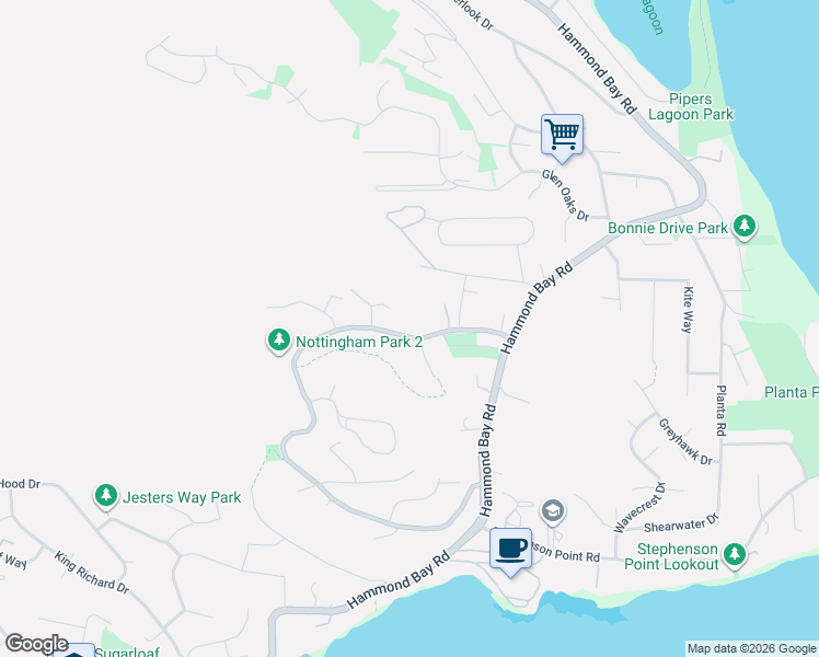 map of restaurants, bars, coffee shops, grocery stores, and more near 502 Nottingham Drive in Nanaimo