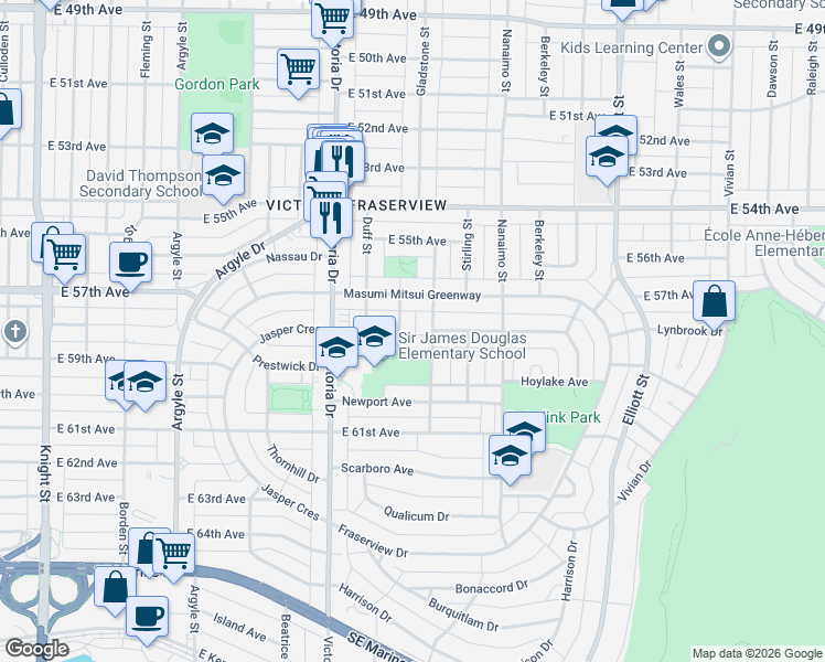 map of restaurants, bars, coffee shops, grocery stores, and more near 7456 Humm Street in Vancouver