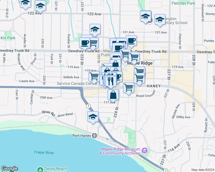 map of restaurants, bars, coffee shops, grocery stores, and more near in Maple Ridge