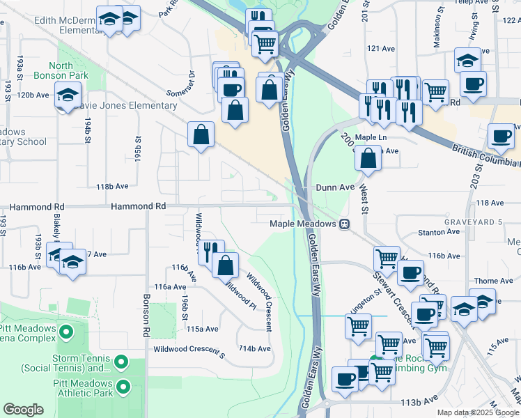 map of restaurants, bars, coffee shops, grocery stores, and more near 19852 Fairfield Avenue in Pitt Meadows