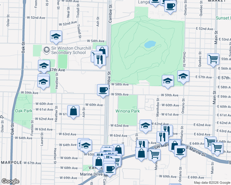 map of restaurants, bars, coffee shops, grocery stores, and more near in Vancouver