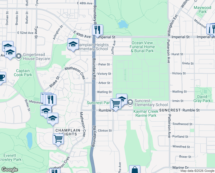 map of restaurants, bars, coffee shops, grocery stores, and more near 3776 Arbor Street in Burnaby