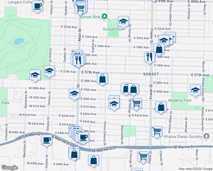 map of restaurants, bars, coffee shops, grocery stores, and more near 7436 Prince Edward Street in Vancouver