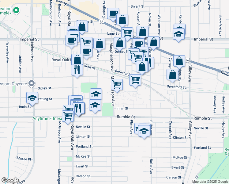 map of restaurants, bars, coffee shops, grocery stores, and more near 7388 Macpherson Avenue in Burnaby