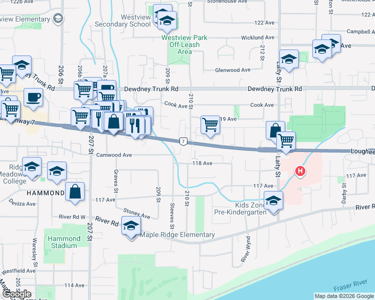 map of restaurants, bars, coffee shops, grocery stores, and more near in Maple Ridge