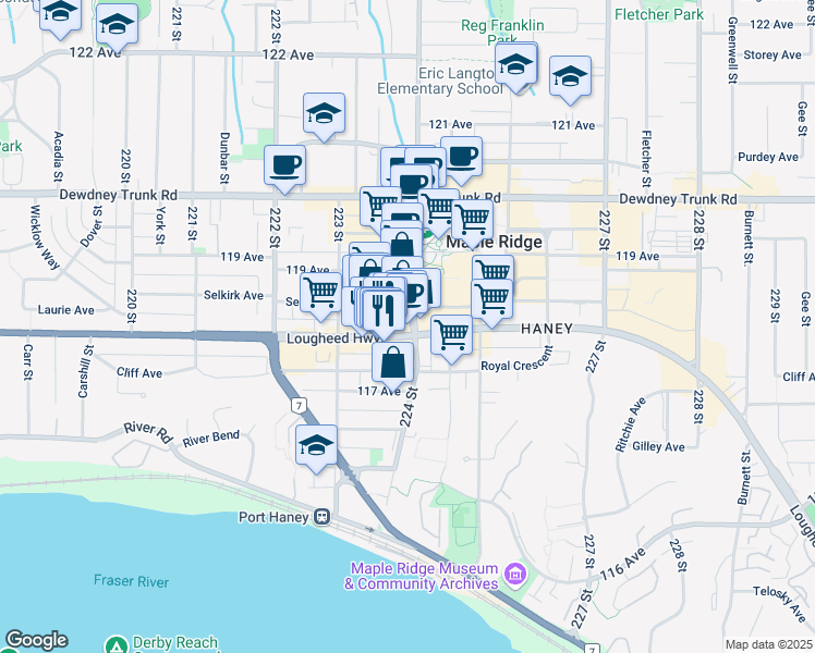 map of restaurants, bars, coffee shops, grocery stores, and more near in Maple Ridge