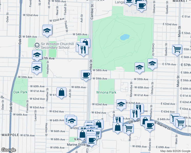 map of restaurants, bars, coffee shops, grocery stores, and more near 477 West 59th Avenue in Vancouver