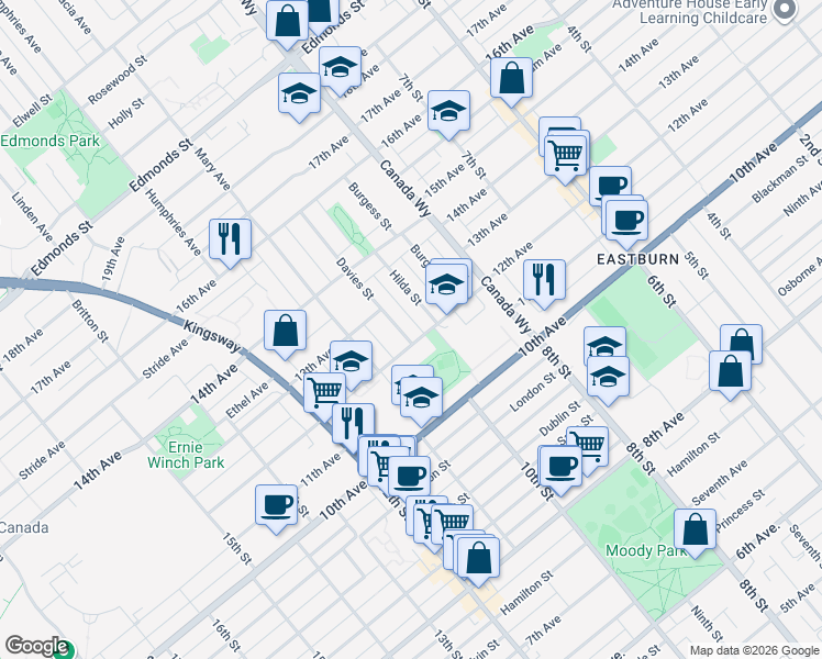 map of restaurants, bars, coffee shops, grocery stores, and more near 7776 Davies Street in Burnaby
