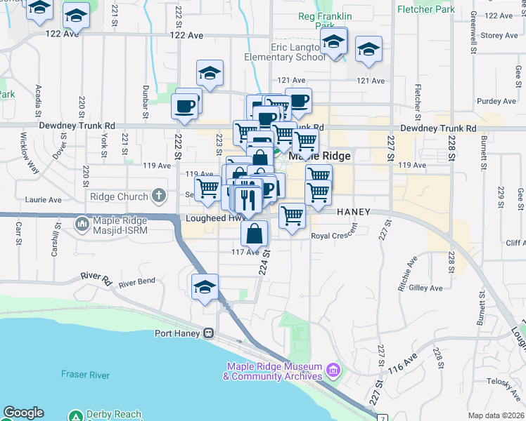 map of restaurants, bars, coffee shops, grocery stores, and more near 11811 224 Street in Maple Ridge