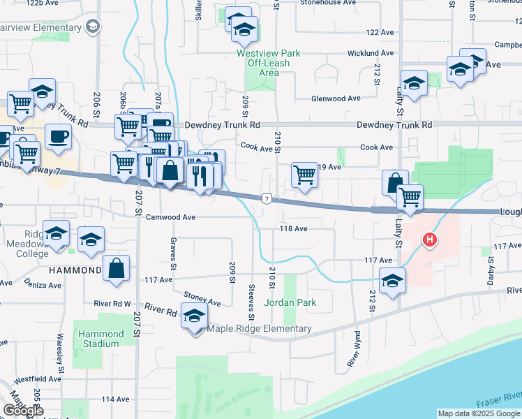 map of restaurants, bars, coffee shops, grocery stores, and more near 20985 Camwood Avenue in Maple Ridge