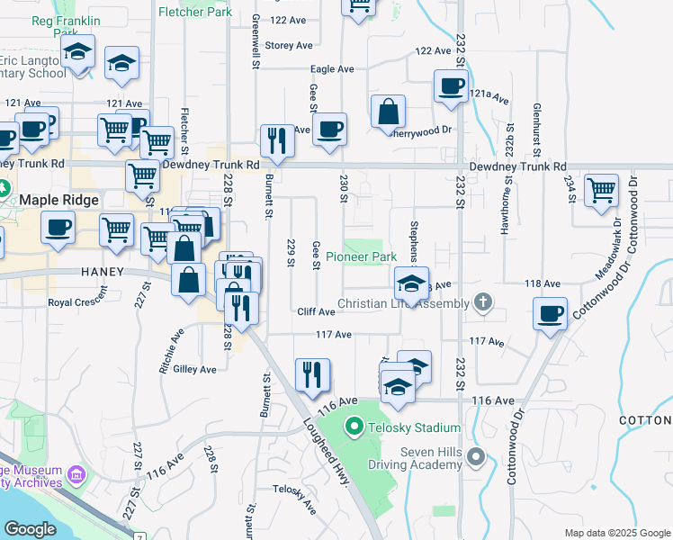 map of restaurants, bars, coffee shops, grocery stores, and more near 11819 230 Street in Maple Ridge