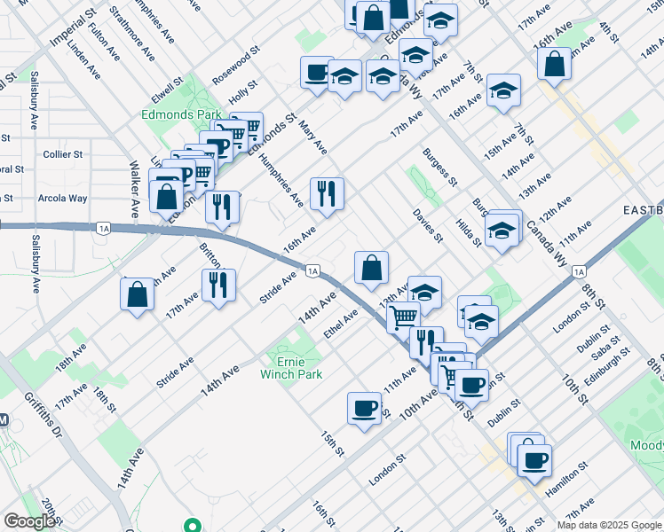 map of restaurants, bars, coffee shops, grocery stores, and more near 7561 Humphries Court in Burnaby