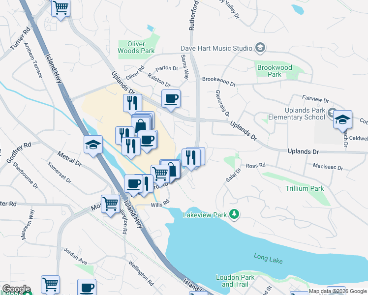 map of restaurants, bars, coffee shops, grocery stores, and more near 4960 Songbird Place in Nanaimo