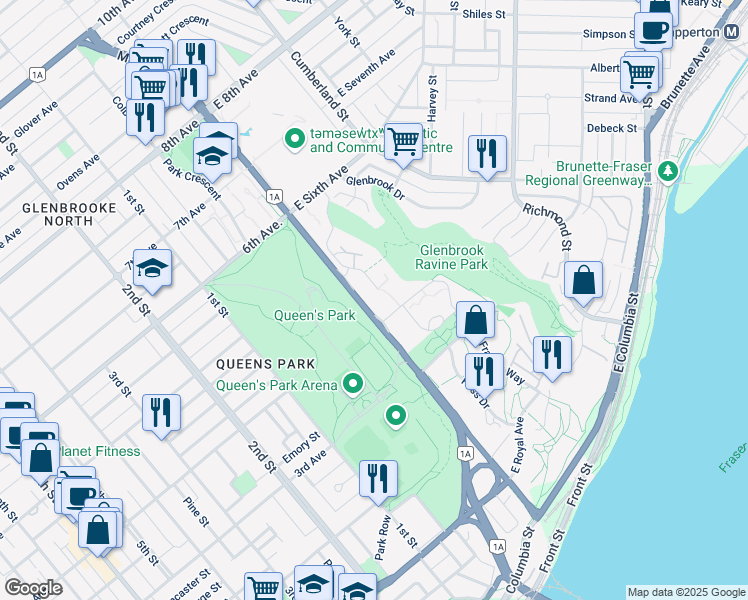 map of restaurants, bars, coffee shops, grocery stores, and more near 340 Ginger Drive in New Westminster