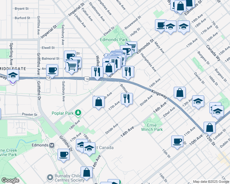 map of restaurants, bars, coffee shops, grocery stores, and more near 7250 18th Avenue in Burnaby
