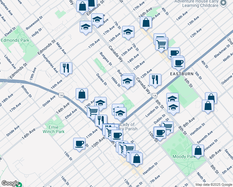 map of restaurants, bars, coffee shops, grocery stores, and more near 7766 Davies Street in Burnaby