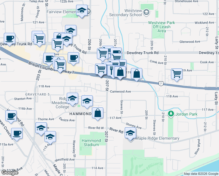 map of restaurants, bars, coffee shops, grocery stores, and more near 11820 207 Street in Maple Ridge