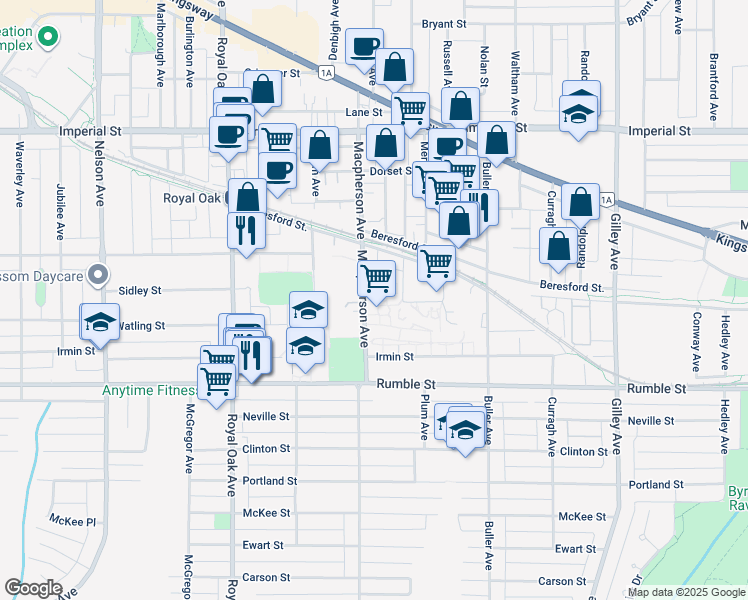 map of restaurants, bars, coffee shops, grocery stores, and more near in Burnaby