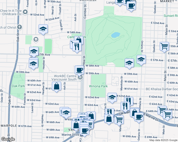 map of restaurants, bars, coffee shops, grocery stores, and more near in Vancouver