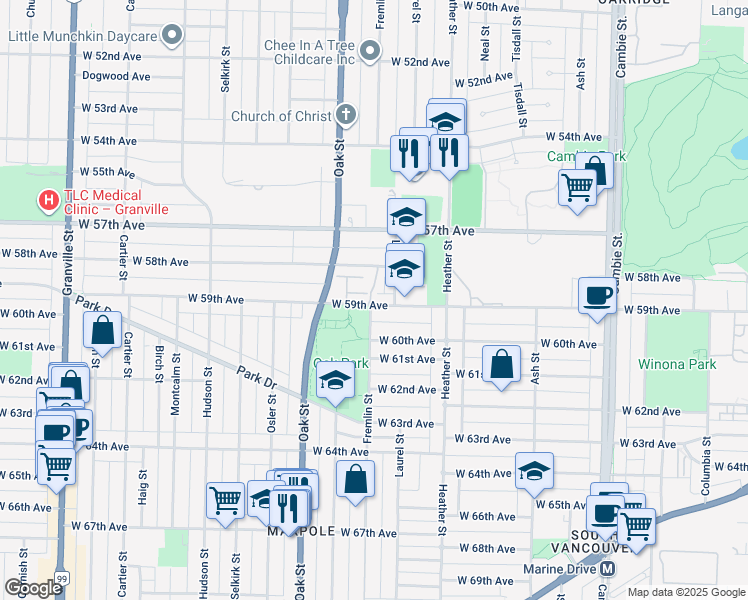 map of restaurants, bars, coffee shops, grocery stores, and more near 883 West 59th Avenue in Vancouver