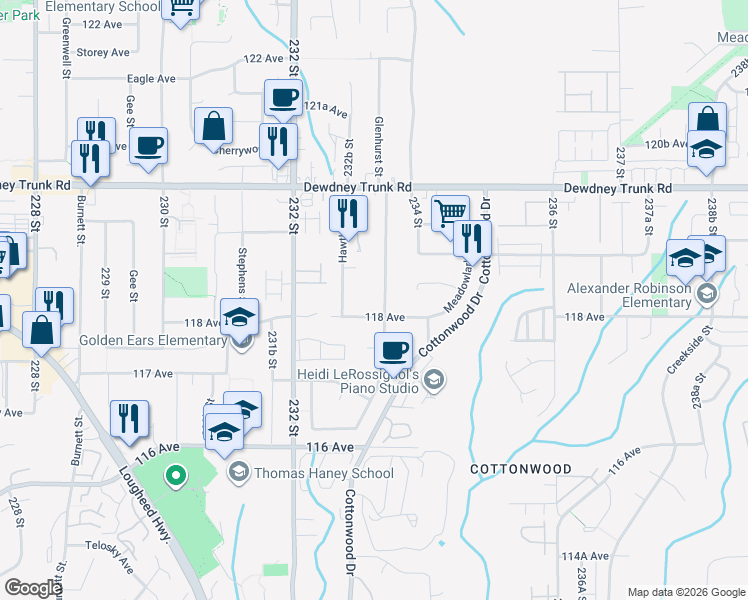 map of restaurants, bars, coffee shops, grocery stores, and more near 11821 Glenhurst Street in Maple Ridge